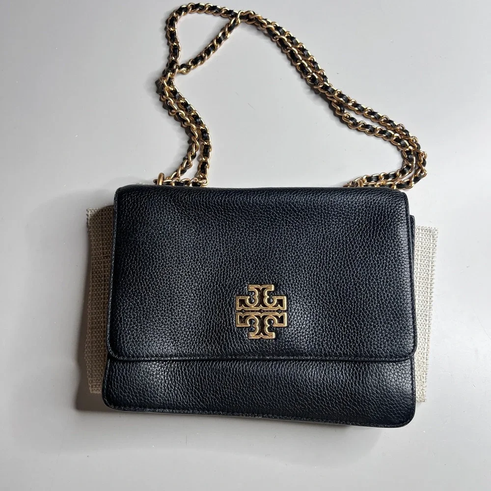 Tory Burch Britten Combo Crossbody Bag Black‎ Pebbled Leather Gold Chain Logo